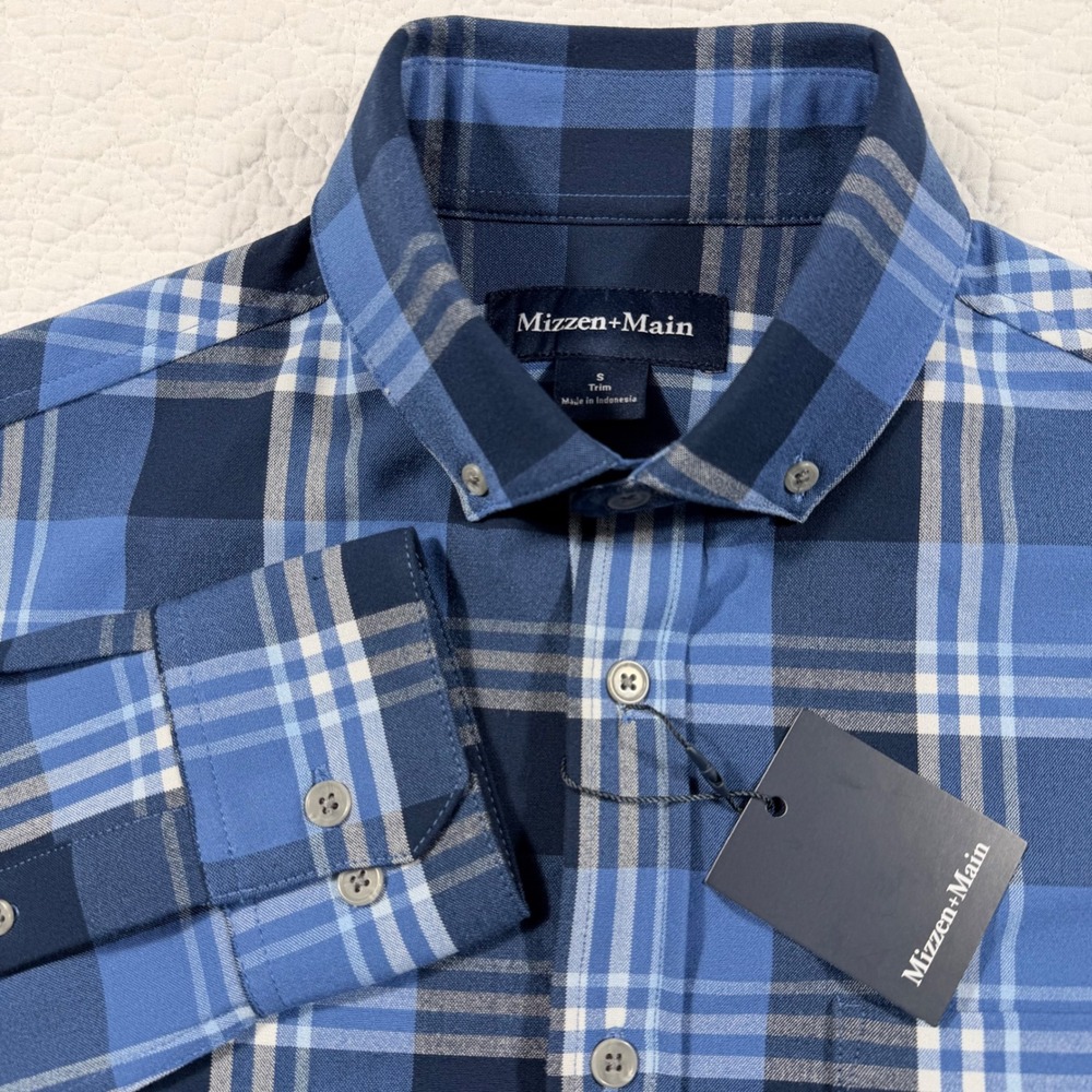 NWT Mizzen+Main Mens City Flannel Denim Blue William Plaid Trim Shirt Size Small